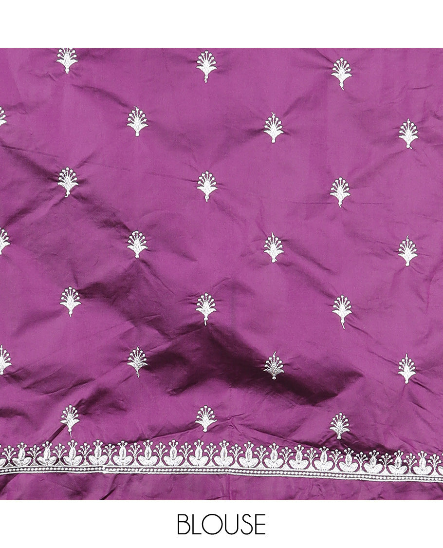 Purple floral design half saree with contrast intricate zari design border , floral motifs embroidery blouse & floral embroidery scallop border dhavani