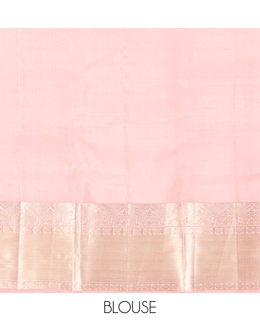 Baby pink jacquard kancheepuram silk saree with self border of paun, banaras design & floral design pallu