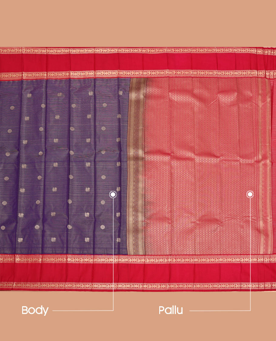 Violet Budget Silk Saree, Ornamented with Zari Stripes and Peacock-Chakram Buttas All Over Its Body, Complemented by a Contrast Traditional Zari Design Rettai Pettu Border, Majestically Detailed Pallu, and Paired with a Contrast Blouse