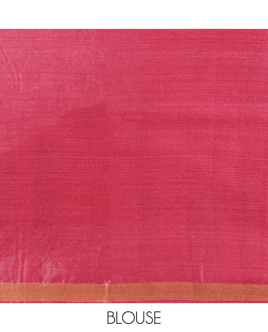 Red Tussar Saree, Showcasing Floral Buttas, a Subtle Zari Border, Pallu of Polka Dot and Floral Designs, and a Matching Blouse