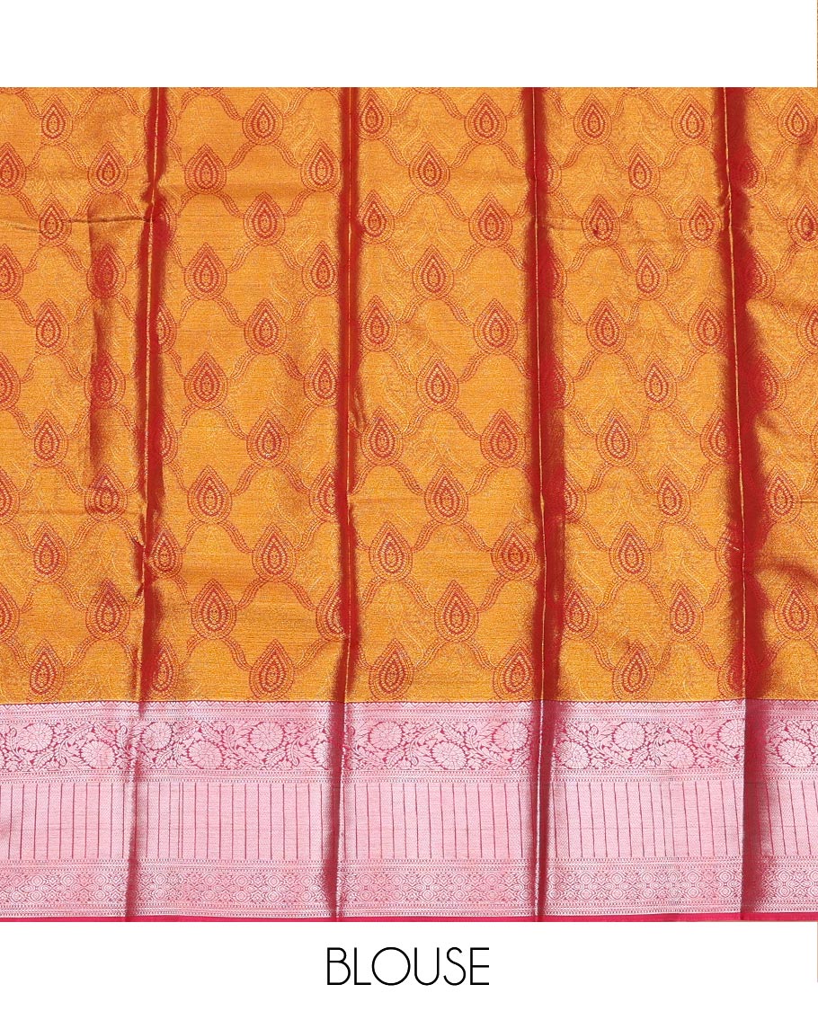Gold Art Silk Pavadai Material Set Decorated with Jacquard Design on Its Skirt, Complemented by a Contrast Traditional Zari Design Border, and Paired with a Contrast Blouse