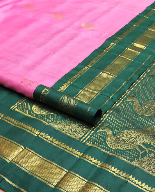 Pink zari buttas kanchipuram silksaree, contrast one-sided korvai border of thilakam mokku,banaras & kuyil kann & mayil design pallu
