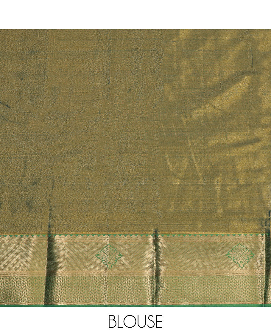 Sandal art silk pavadai material set, floral meenakari jacquard pavadai, contrast olive green blouse & traditional zari border