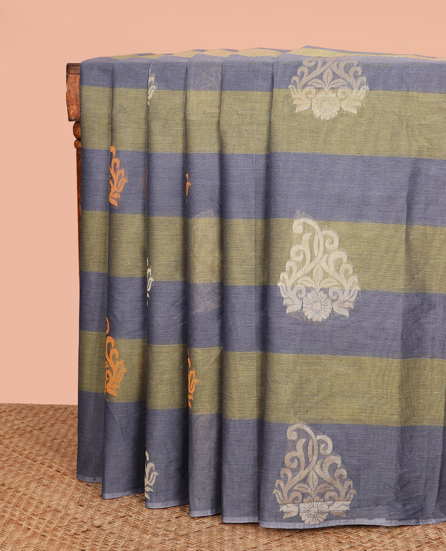 Borderless Green and Grey Coimbatore Cotton Saree, Vibrantly Designed with Buttas All Over Its Body, Complemented by Pallu of Floral-Geometric Designs, and Paired with a Matching Blouse
