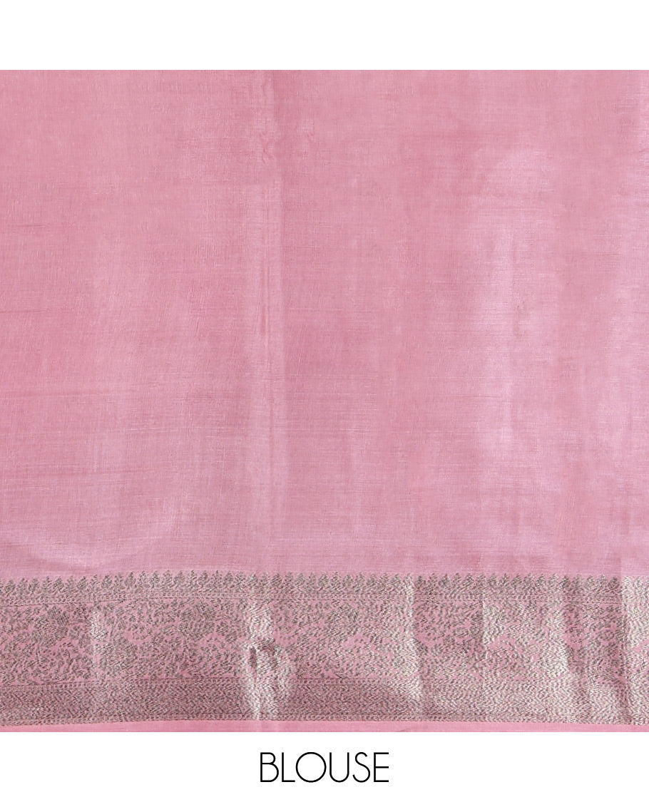 Pink Tusser Silk Saree, Bedecked with Floral Design, a Zari Border, Intricate Pallu, and a Matching Blouse