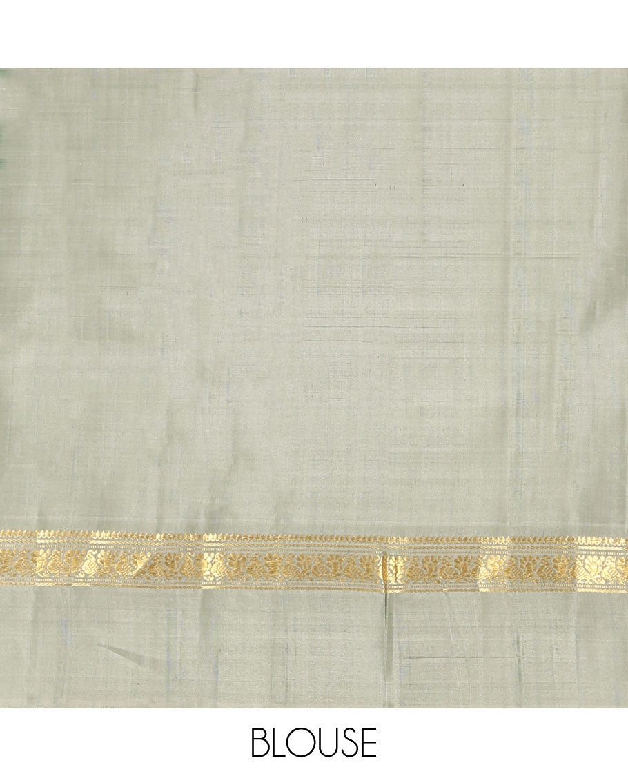 Olive Kanchipuram Silk Saree, Enthralled with Medium-Sized Checked Design All Over Its Body, Complemented by a Contrast Kal Eragina Border of Thilakam Mokku, Banaras, Muthu, and Mayil Designs, Subtly Striped Pallu, and Paired with a Contrast Blouse