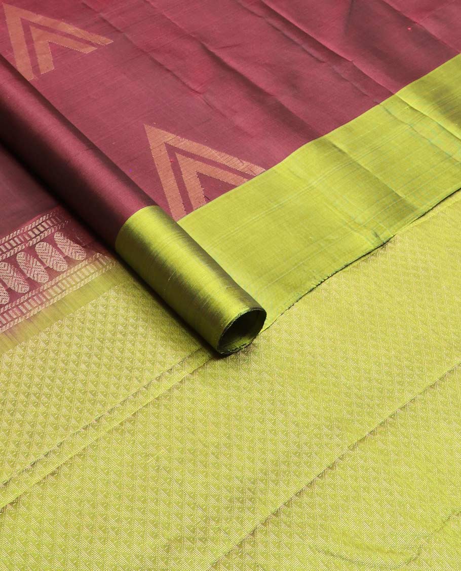 Maroon triangle buttas silk mix saree, contrast triangle zari design border & pallu of ara maadam designs