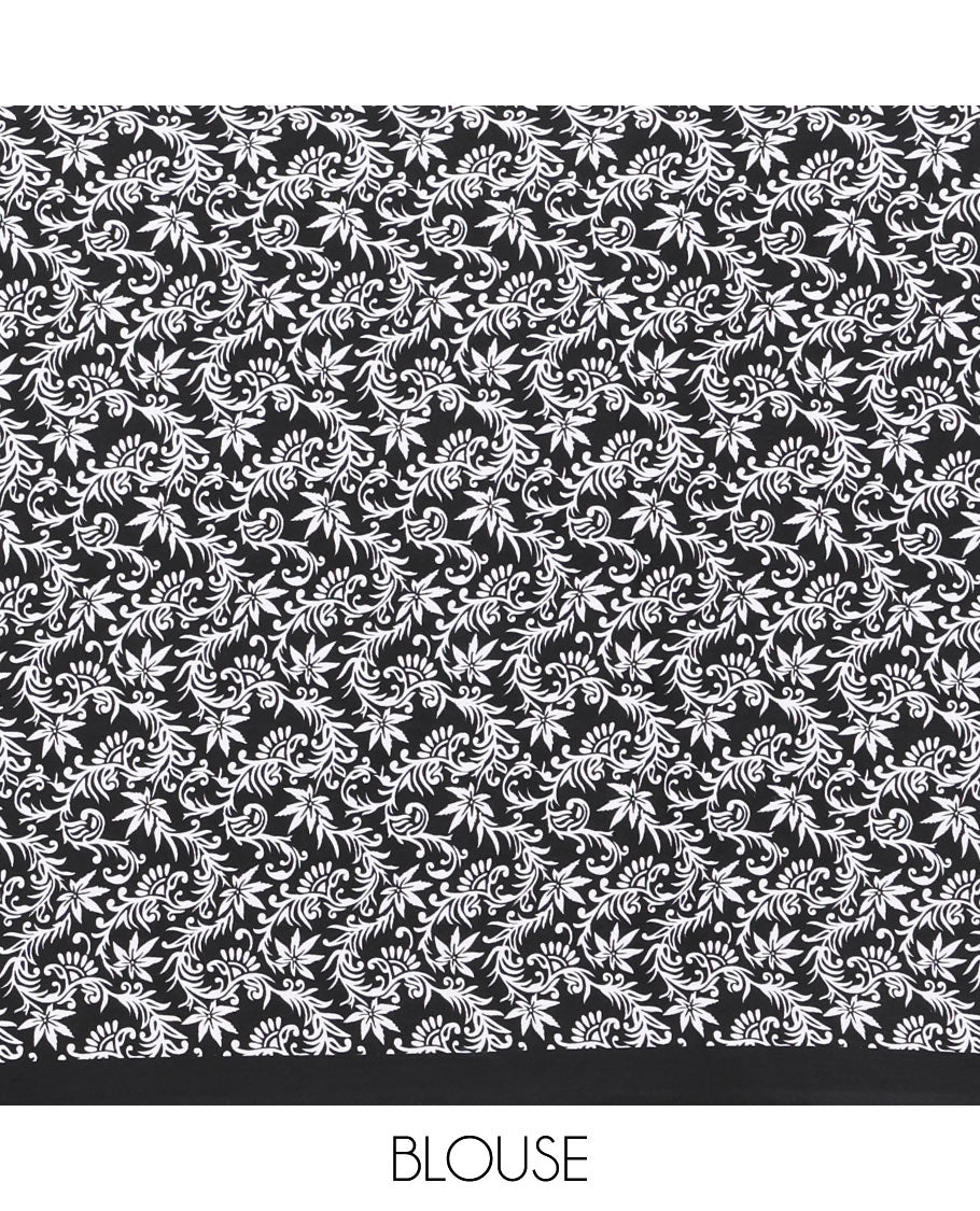 Borderless white and black feather like floral motifs printed satin crepe saree, floral vine printed blouse