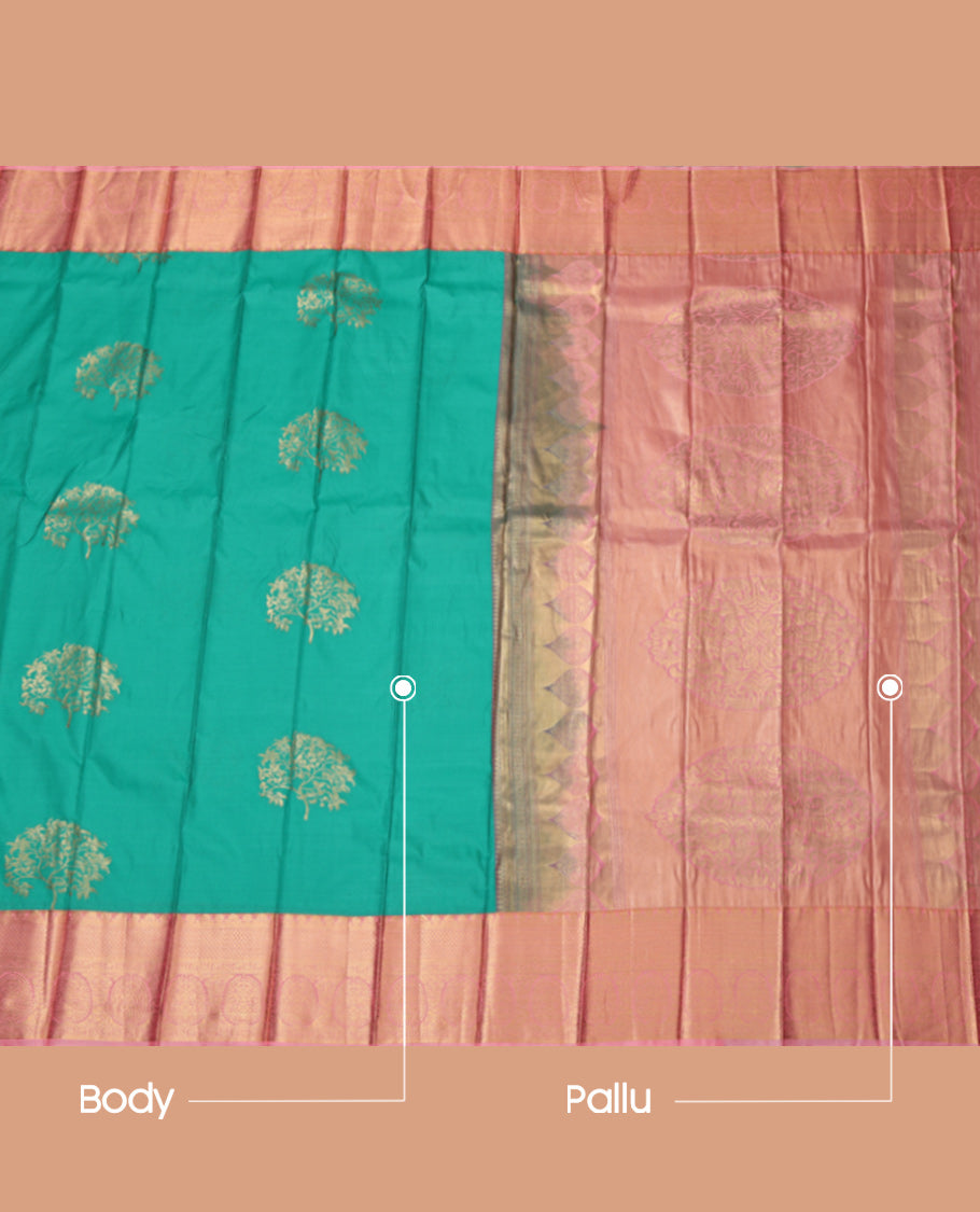Turquoise Budget Silk Saree, Adorned with Tree Motifs, Complemented by Contrast Traditional Zari Border, Grand Pallu and Contrast Blouse