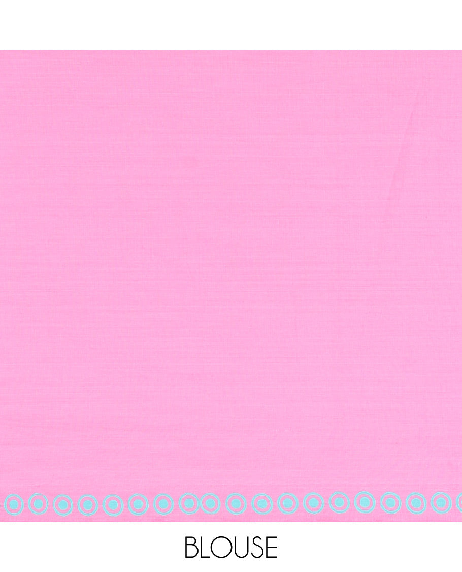 Borderless Pink South Cotton Saree, Showcasing Polka Dot and Cat Motifs Printed on Its Body Part, Paired with a Matching Blouse, and a Contrast Chevron Printed Blouse