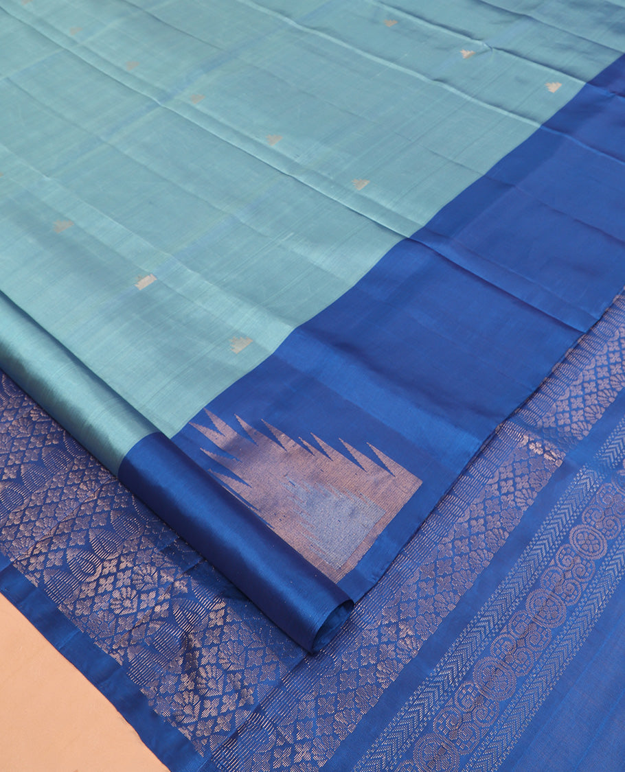 Blue Mayuri Lite Silk Mix Saree, Woven with Thazampoo Rekku Buttas, Complemented by a Contrast Thazampoo Rekku Border, a Grand Pallu, and a Contrast Blouse