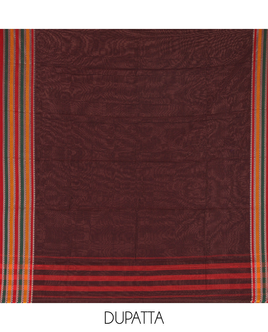 Wine Mercerised Cotton Material Churidar Set, Featuring Plain and Traditional Motifs Woven Top, Comes with a Plain Mercerised Cotton Bottom, and Is Paired with a Mercerised Cotton Traditional Motifs Woven Dupatta