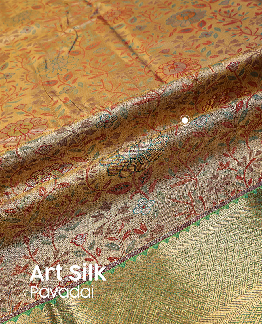 Sandal art silk pavadai material set, floral meenakari jacquard pavadai, contrast olive green blouse & traditional zari border