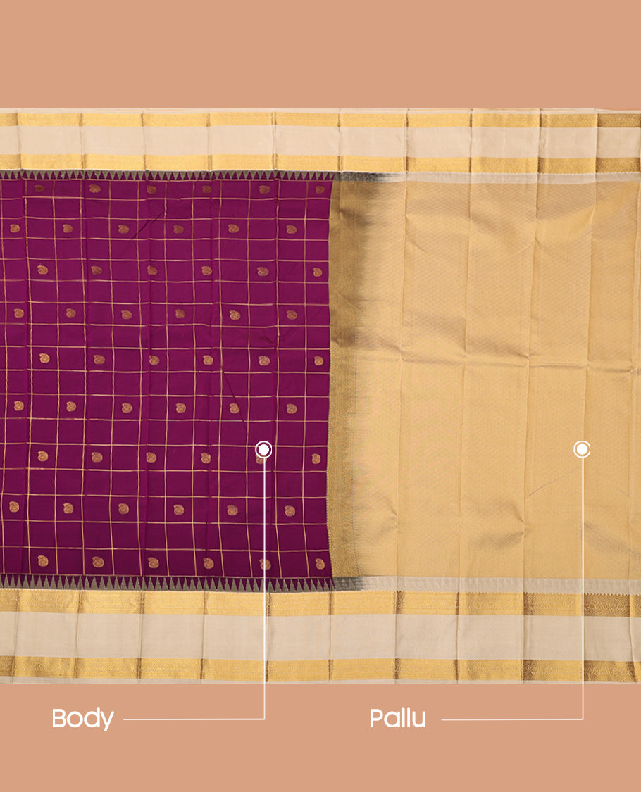 Purple Budget Silk Saree, Embellished with Paisley Butta Enclosed Checks, Complemented by a Contrast Traditional Zari Rettai Pettu Border, Grand Pallu, and a Contrast Blouse