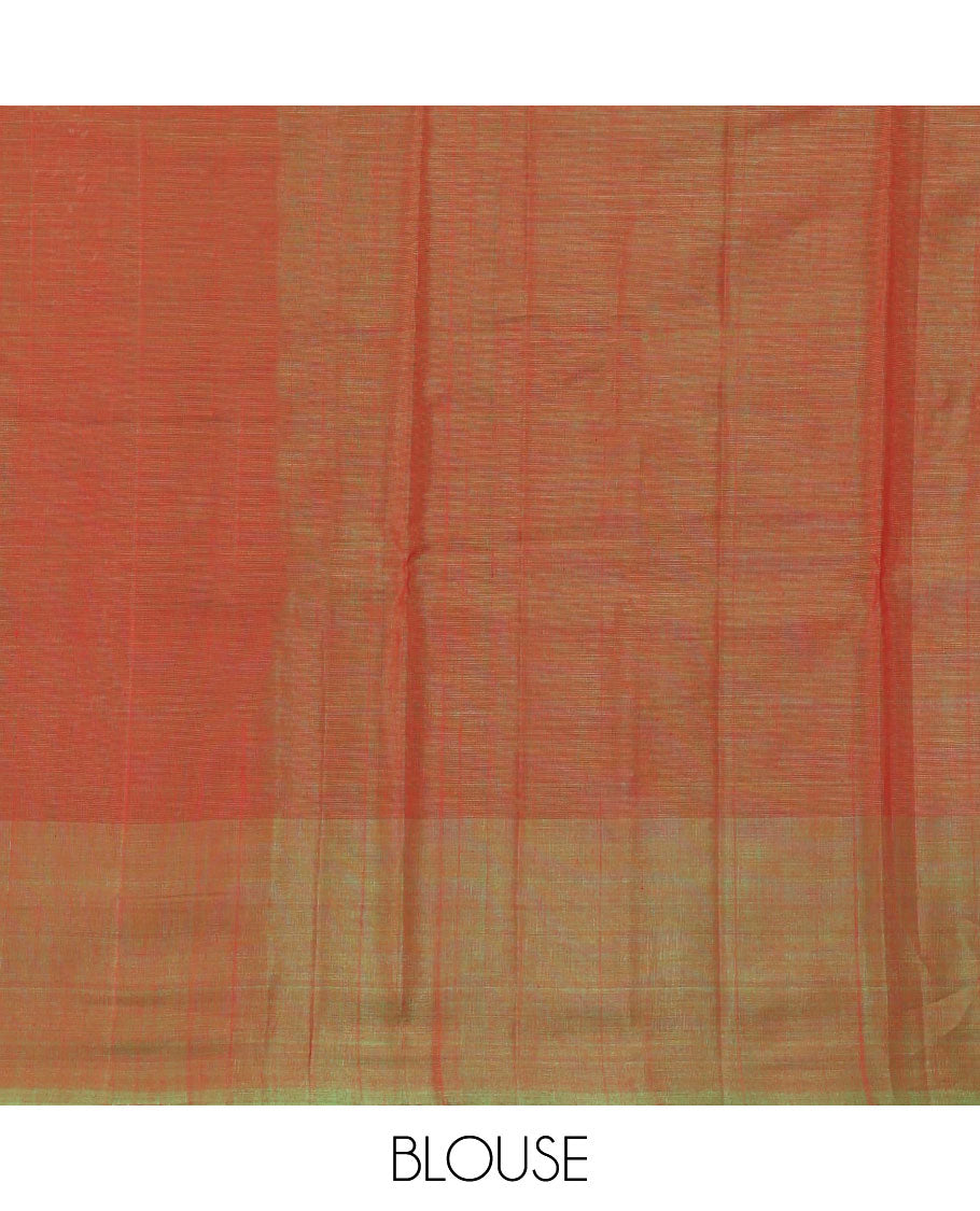 Red Silk Cotton Saree, Gleamed Up with Zari Buttas, a Contrast Zari Border, Intricate Pallu, and a Contrast Blouse