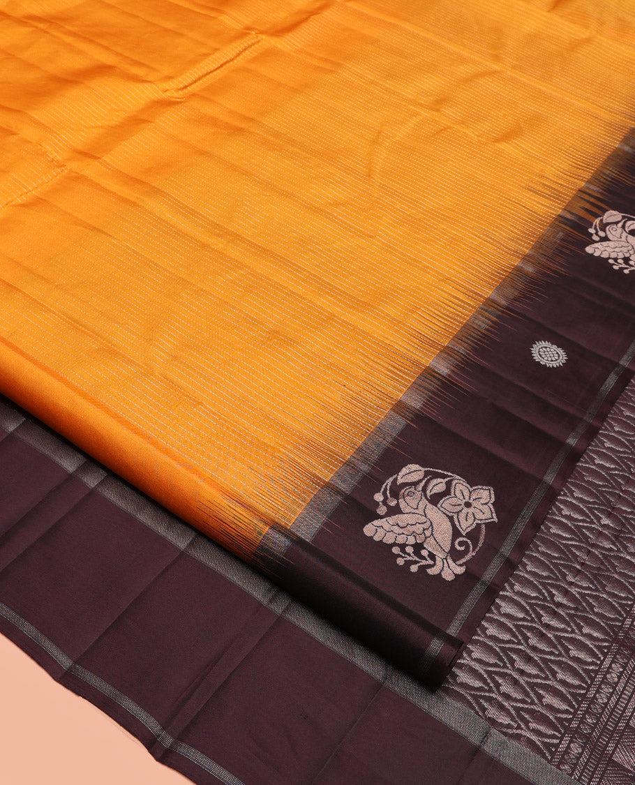 Yellow Kanchipuram Silk Saree, Subtly Sparkled with Stripes, Complemented by Contrast Border of Humming Bird Motifs, Grand Jaal Pallu, and Contrast Blouse
