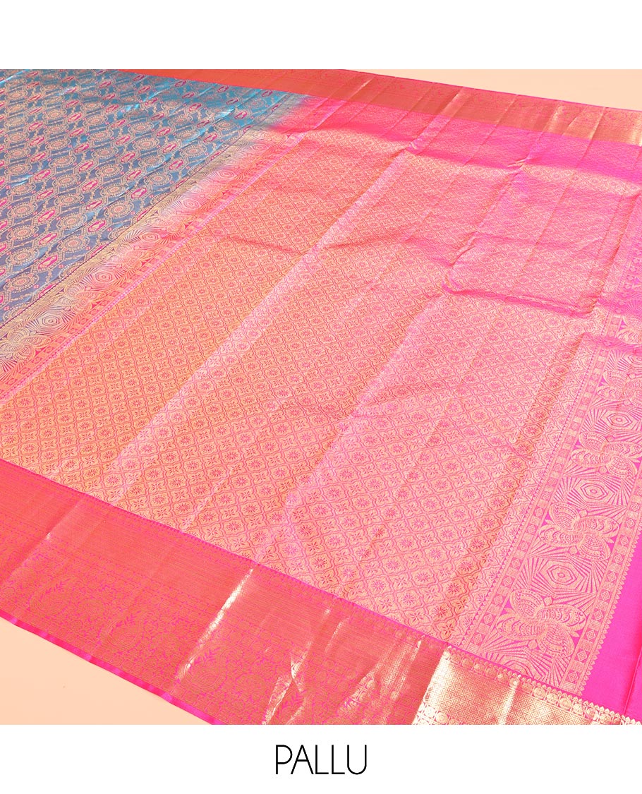 Blue Kanchipuram Wedding Silk Saree, Impeccably Styled with Jacquard Design, a Contrast Border of Traditional Designs, Grand Pallu, and a Contrast Blouse