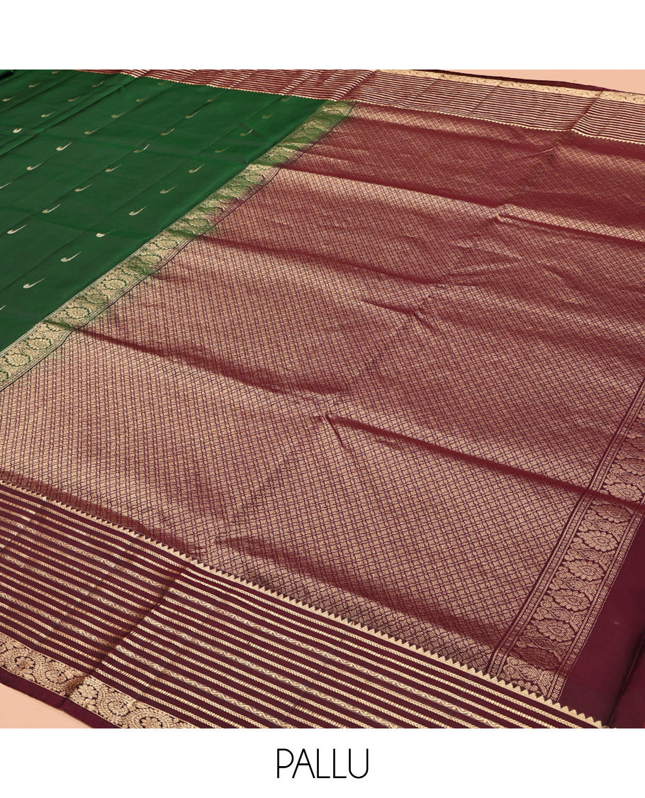Green Mayuri Lite Silk Mix Saree, Delicately Woven with Muniya Buttas, Contrast Border of Rekku, Kathir, Neli, and Dhavana Kodi, Pallu of Jaal Designs, and Contrast Blouse