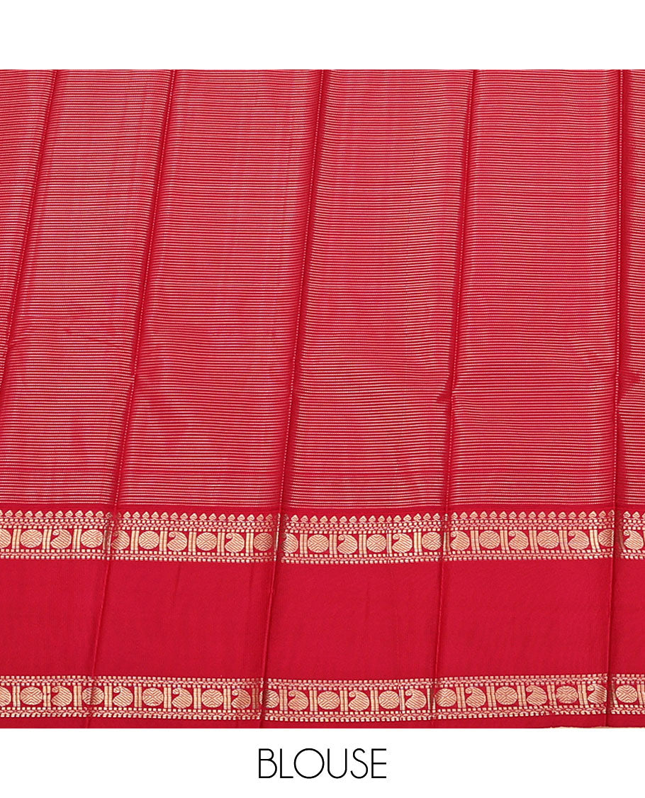 Violet Budget Silk Saree, Ornamented with Zari Stripes and Peacock-Chakram Buttas All Over Its Body, Complemented by a Contrast Traditional Zari Design Rettai Pettu Border, Majestically Detailed Pallu, and Paired with a Contrast Blouse