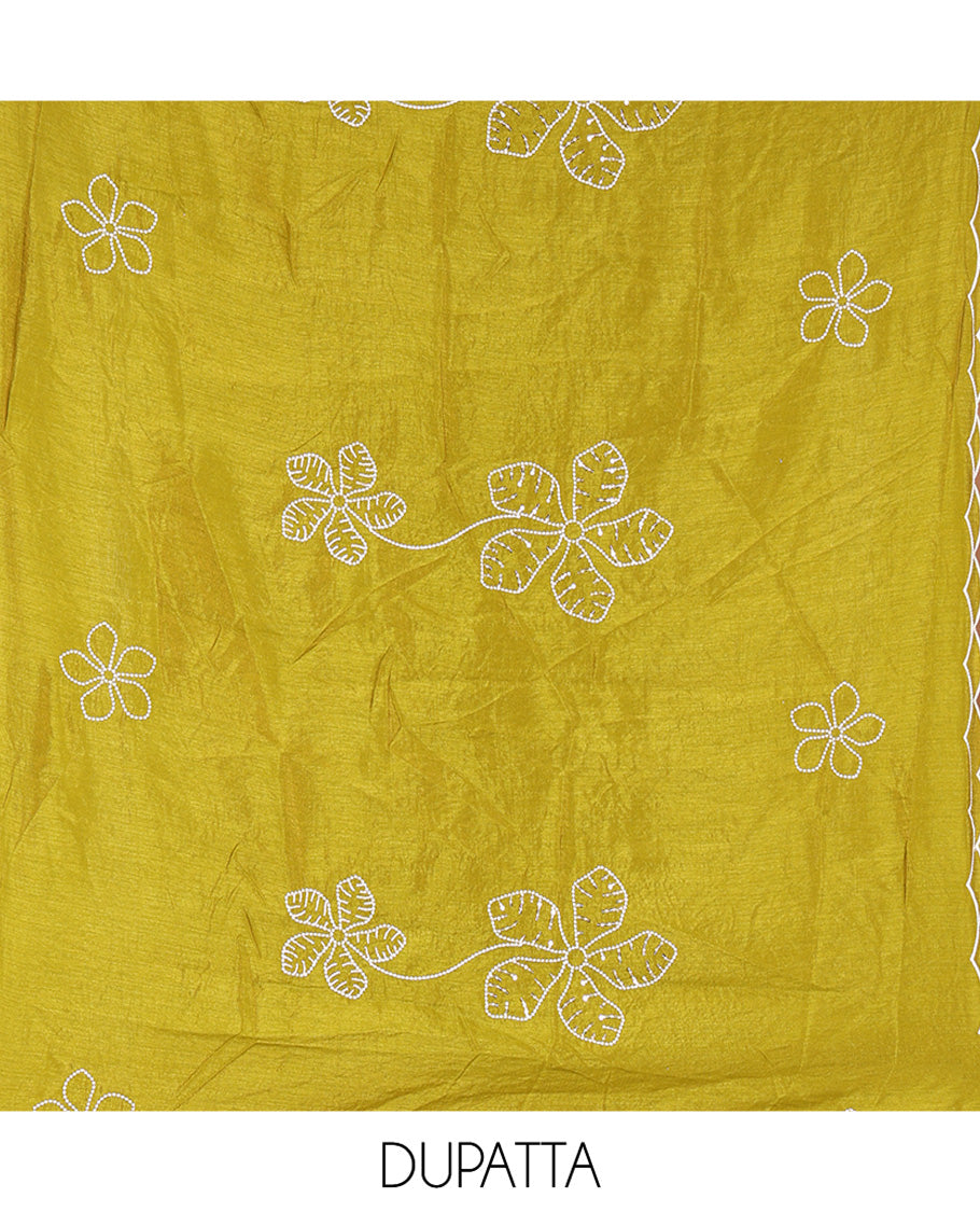 Mehendi Green Material Chudidar Set, Delicately Woven with Floral Thread Embroidered Mul Chanderi Top, a Mul Chanderi Bottom, Paired with Floral Thread-Embroidered Mul Chanderi Dupatta