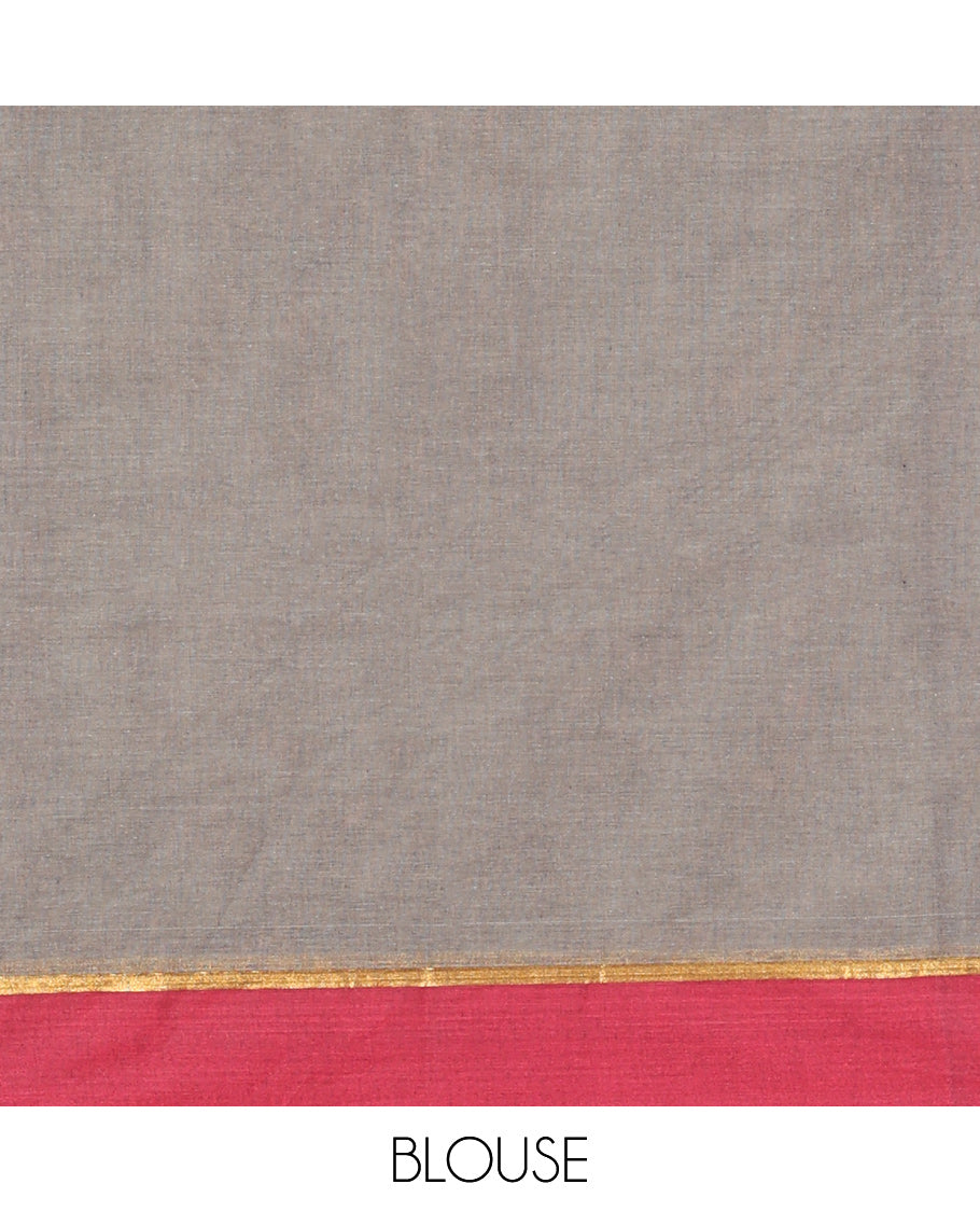 Grey Coimbatore Cotton Saree, Adorned with Thread Buttas, a Contrast Plain Border, a Pallu of Stripes and Buttas, and a Matching Blouse