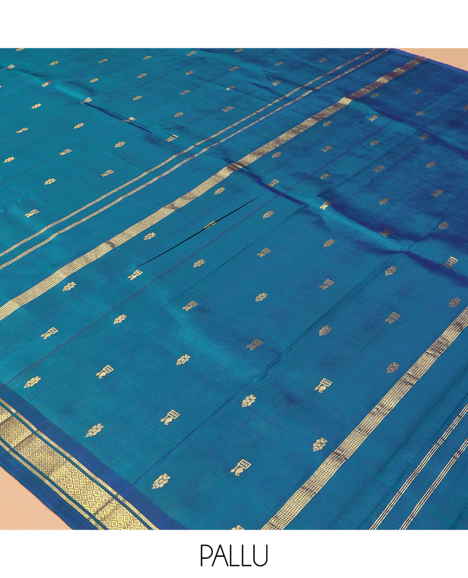 Blue Kanchipuram Silk Saree, Woven with Zari Buttas, Complemented by a Contrast Border of Banaras, and Mayil Kann Design, Zari Design Pallu, and No Blouse