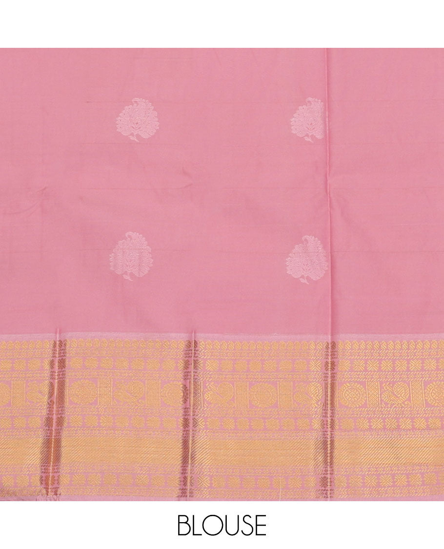 Blue Budget Silk Saree, Graced with Zari Buttas, Complemented by a Contrast Traditional Zari Border, Grand Jaal Pallu, and a Contrast Blouse