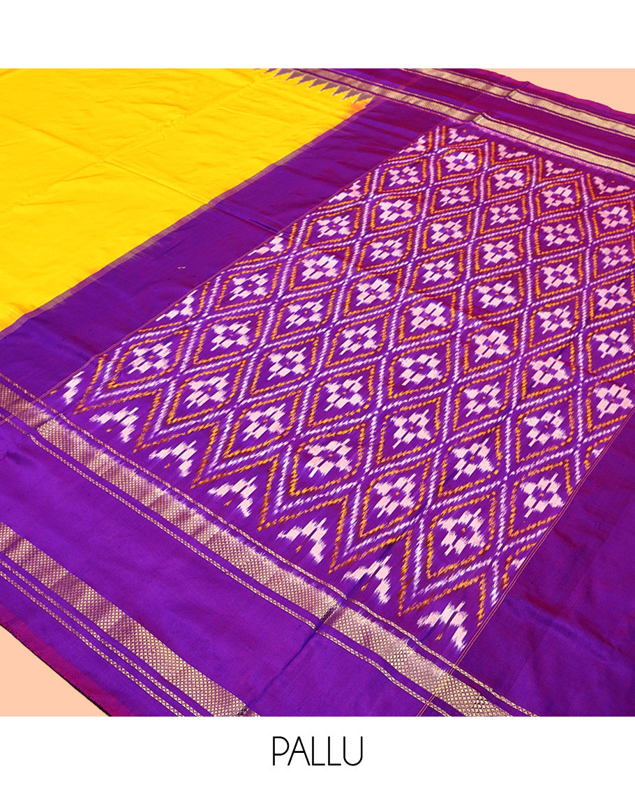 Yellow Plain Pochampally Ikat Saree, a Contrast Temple Traditional Zari Border, Ikat-Style Jaal Pallu, and a Contrast Blouse
