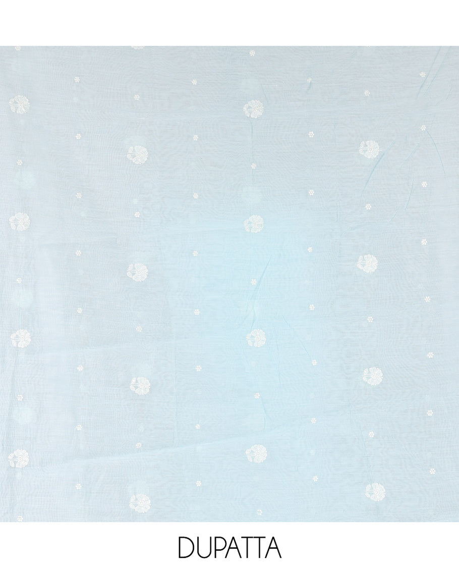 Sea Blue Mul Chanderi Material Chudidar, Lucknowi-Style Embroidery Top, a Santoon Bottom, Scallop Embroidered Dupatta