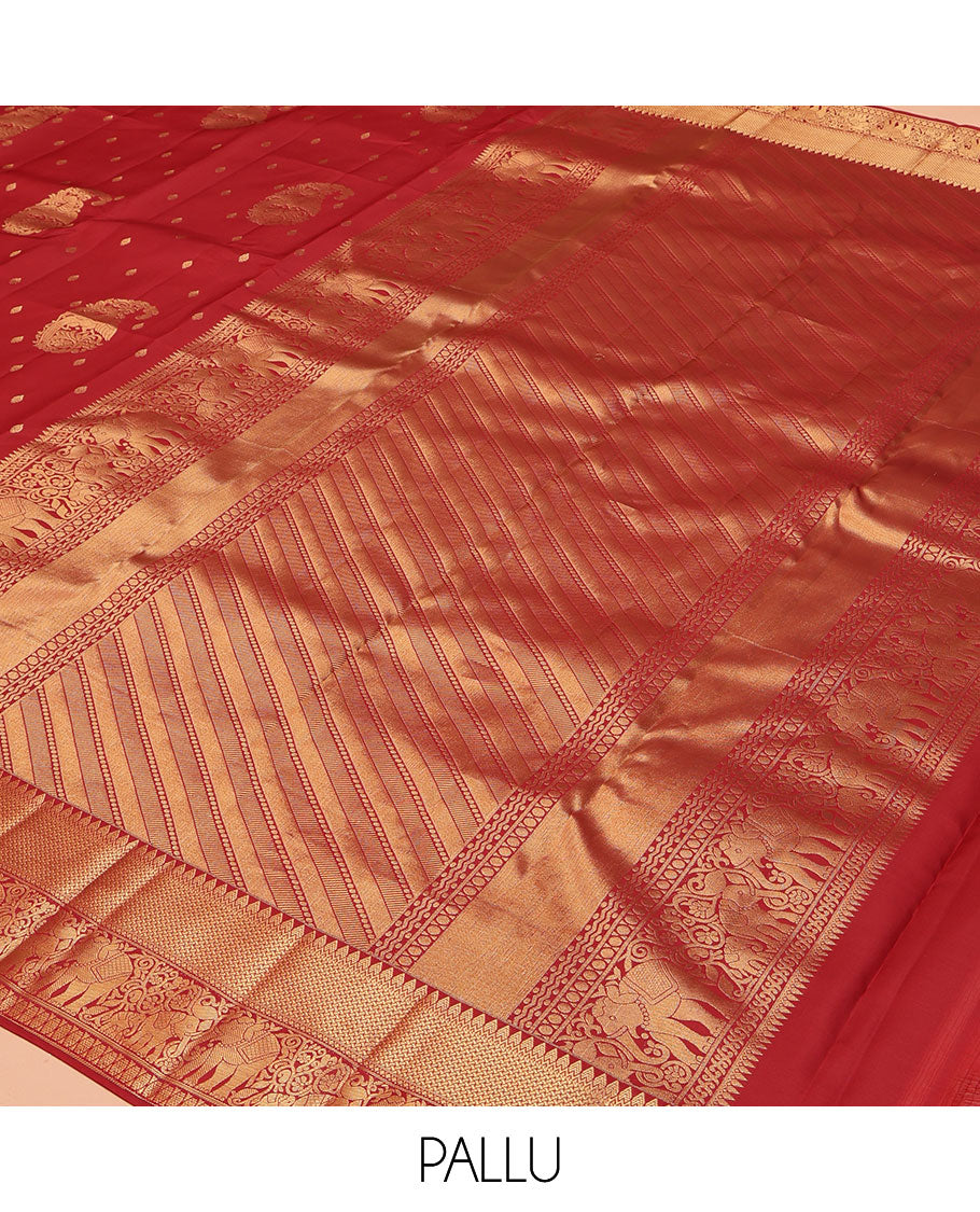 Red Vasundhara Lite Silk Mix Saree, Ornamented with Manga Zari Buttas on Its Body, Highlighted by a Zari Border of Rekku, Yaanai, and Rudraksham Designs, Pallu of Diagonal Designs, and Paired with a Matching Blouse