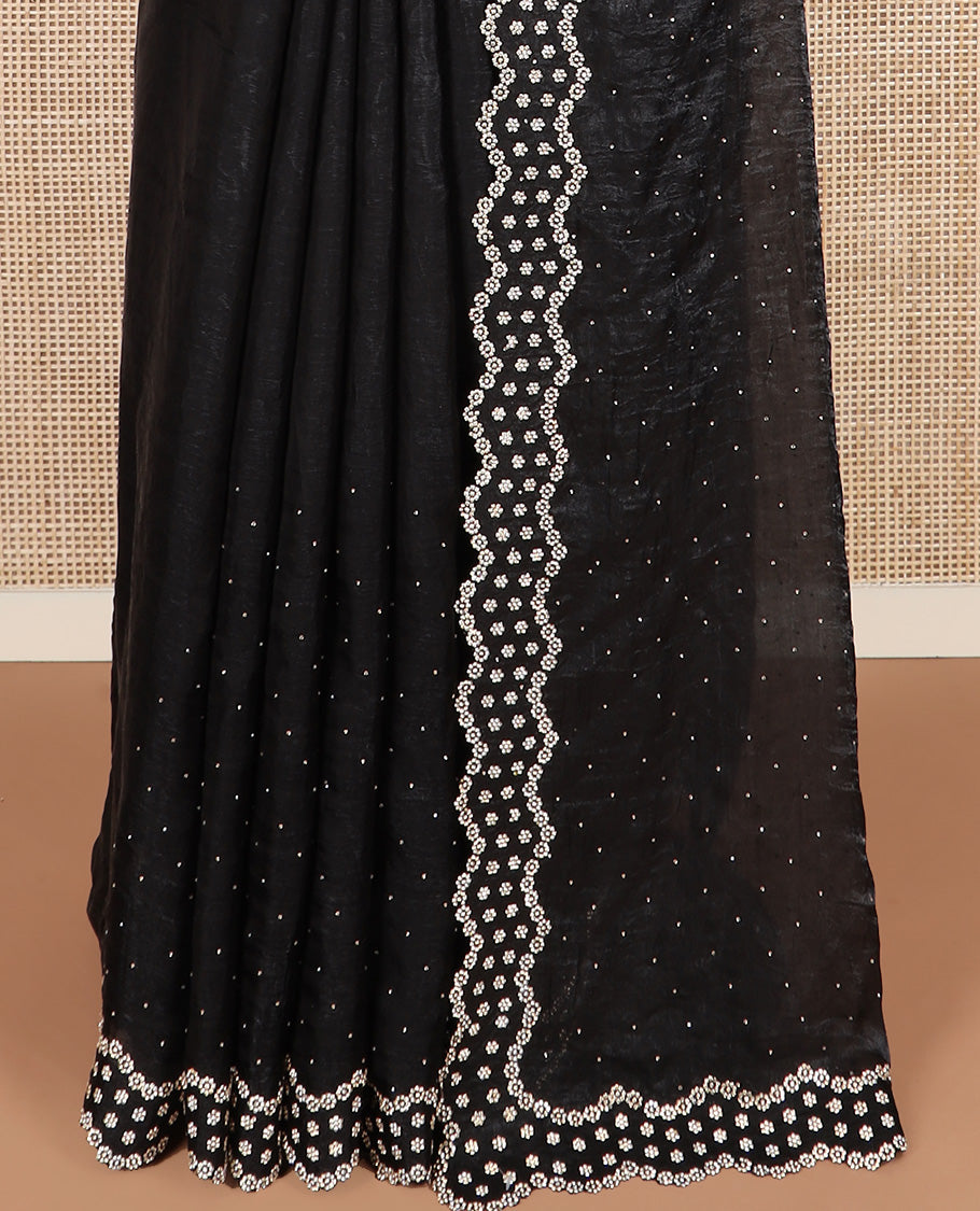 Black stone work designer saree, scallop floral motifs micro stone work border