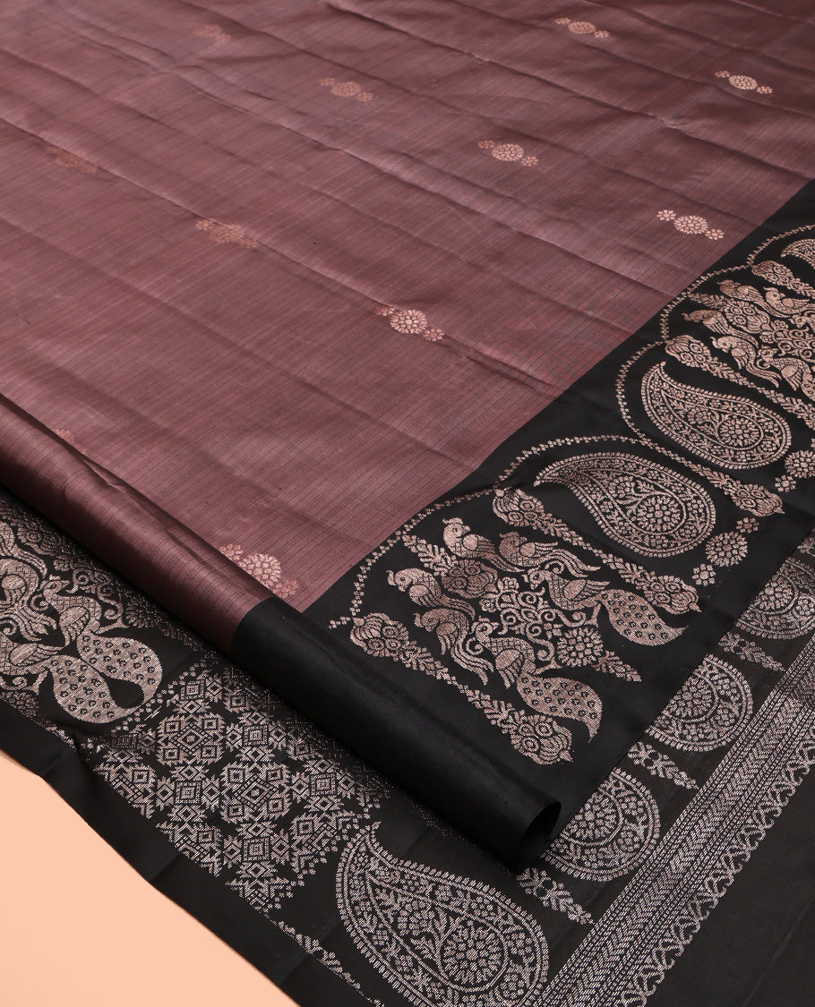 Brown Mayuri Soft Silk Saree, Bedecked with Zari Buttas All Over Its Body, Complemented by Contrast Border of Mayil and Manga Designs, Intricate Pallu and Paired with a Contrast Blouse