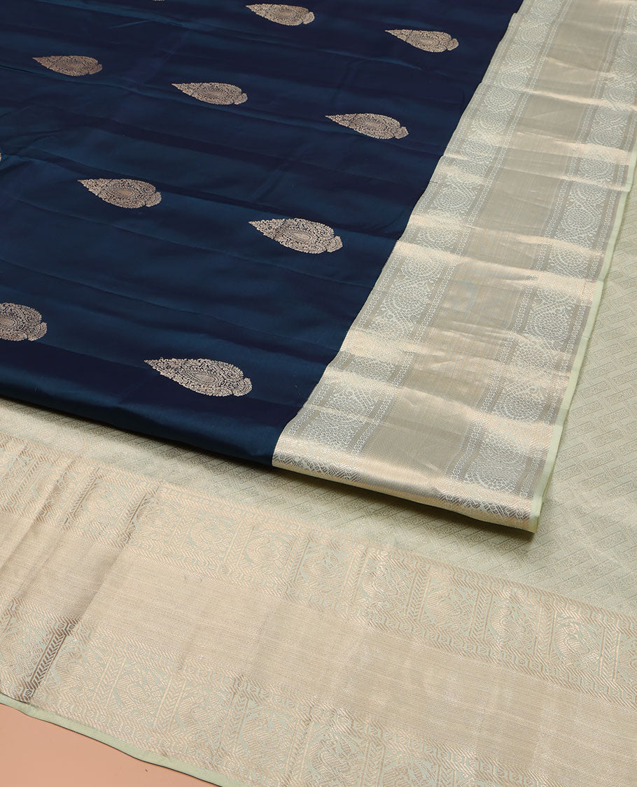 Blue Vasundhara Lite Silk Mix Saree, Elegantly Highlighted with Zari Buttas on Its Body, Complemented by a Contrast Zari Border of Banaras, Paisa, and Mayil Designs, Intricately Designed Pallu, and Paired with a Contrast Blouse