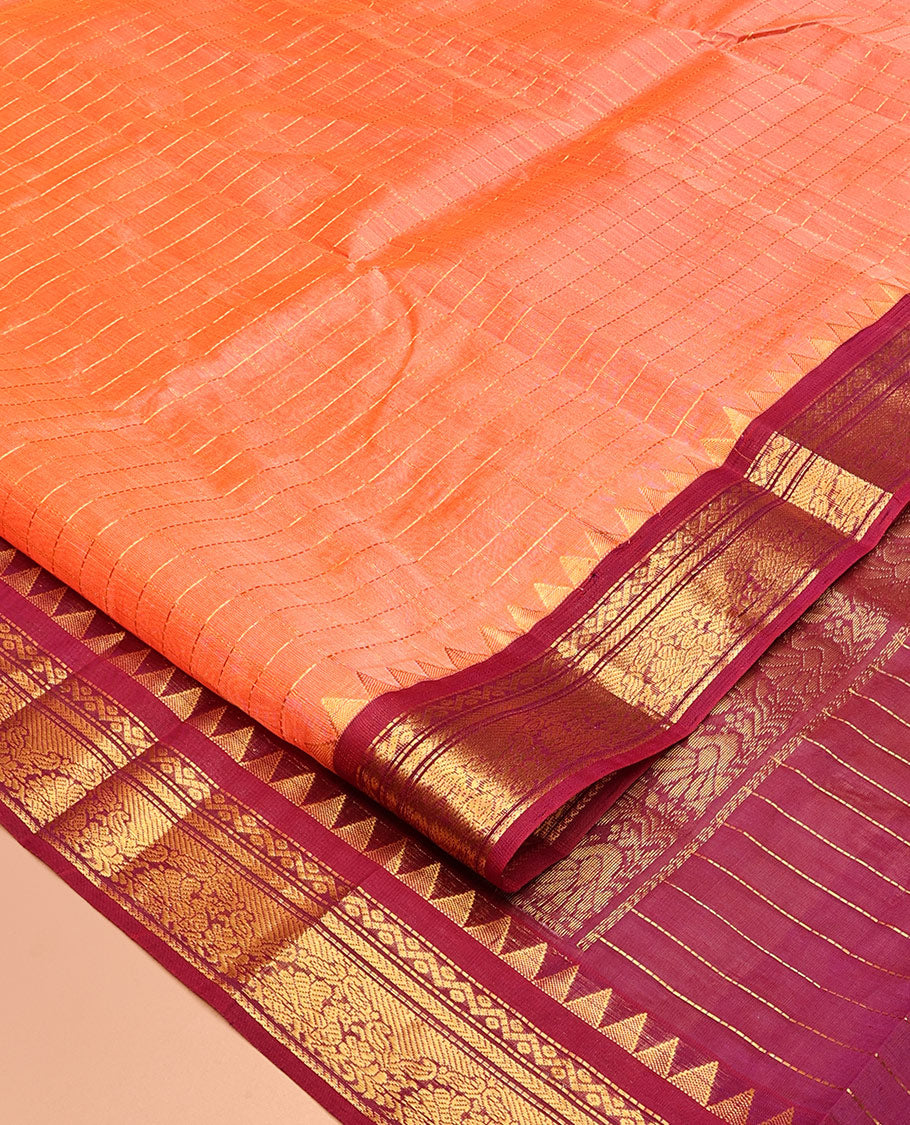 Peach Zari Checked Kuppadam Silk Saree, a Contrast Traditional Temple Border, Grand Pallu, a Contrast Blouse