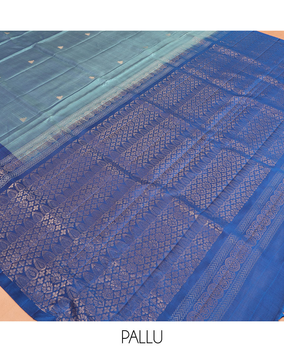 Blue Mayuri Lite Silk Mix Saree, Woven with Thazampoo Rekku Buttas, Complemented by a Contrast Thazampoo Rekku Border, a Grand Pallu, and a Contrast Blouse