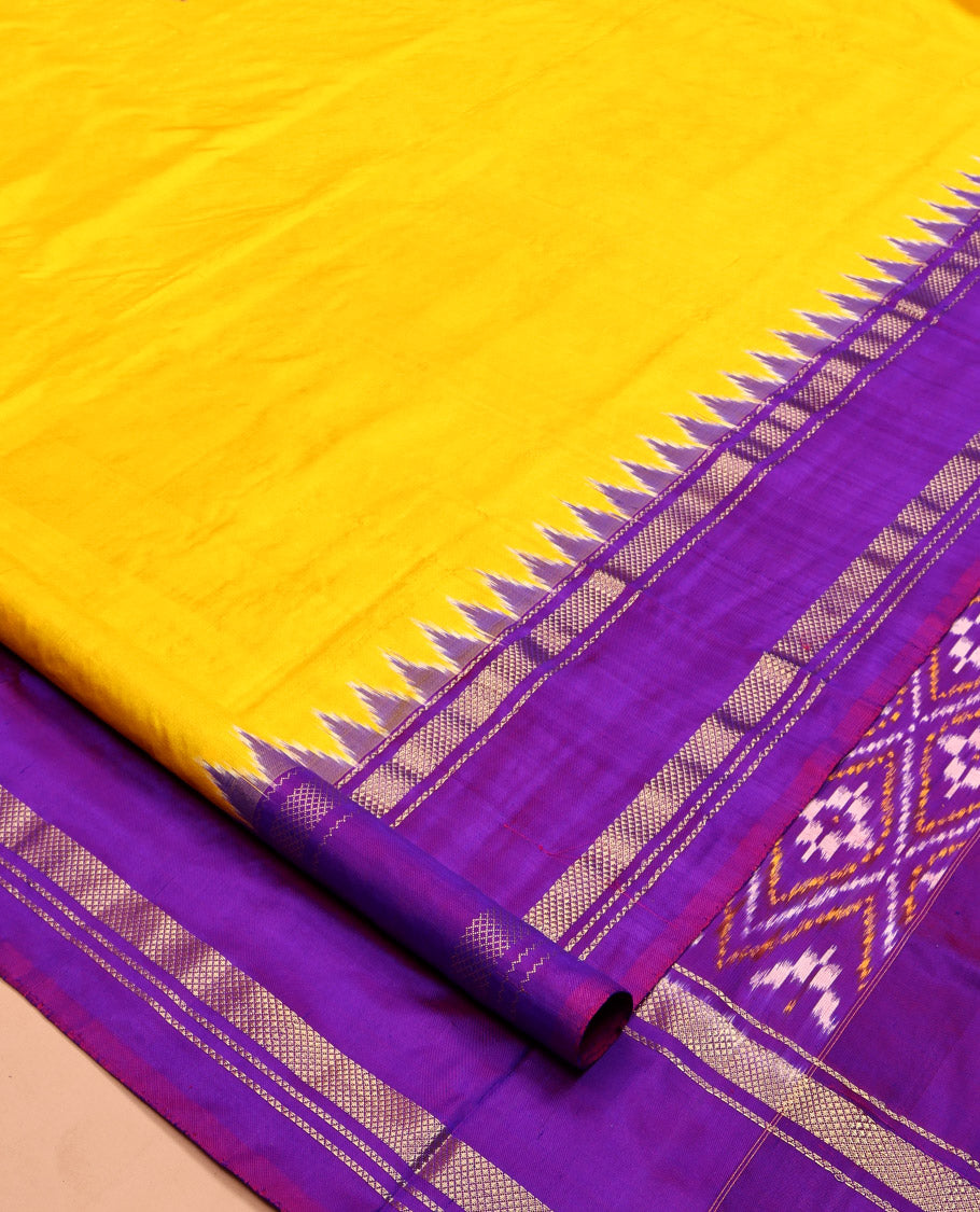 Yellow Plain Pochampally Ikat Saree, a Contrast Temple Traditional Zari Border, Ikat-Style Jaal Pallu, and a Contrast Blouse