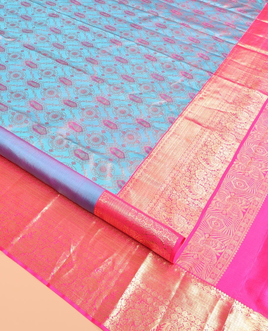 Blue Kanchipuram Wedding Silk Saree, Impeccably Styled with Jacquard Design, a Contrast Border of Traditional Designs, Grand Pallu, and a Contrast Blouse