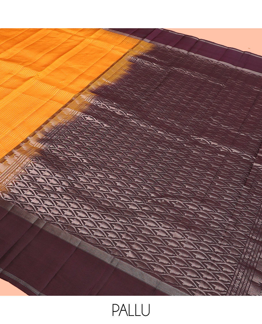 Yellow Kanchipuram Silk Saree, Subtly Sparkled with Stripes, Complemented by Contrast Border of Humming Bird Motifs, Grand Jaal Pallu, and Contrast Blouse