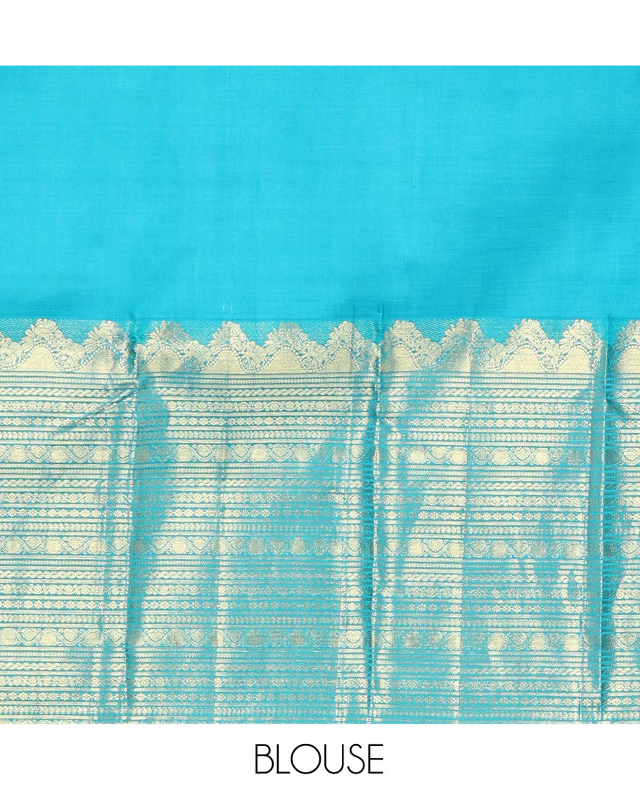 Blue Kanchipuram Silk Saree, Decorated with Iruthalai Pakshi Buttas All Over Its Body, Highlighted by a Zari Border of Puli Nagam, Manga, Kamalam, and Kodi Visiry Designs, Pallu of Human Figurines, and Paired with a Matching Blouse