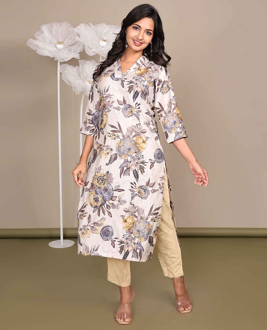 Beige Floral-Printed Below-The-Knee-Length Cotton Kurti Features a V-Neckline, 3/4 Sleeves, and a Straight-Cut Length