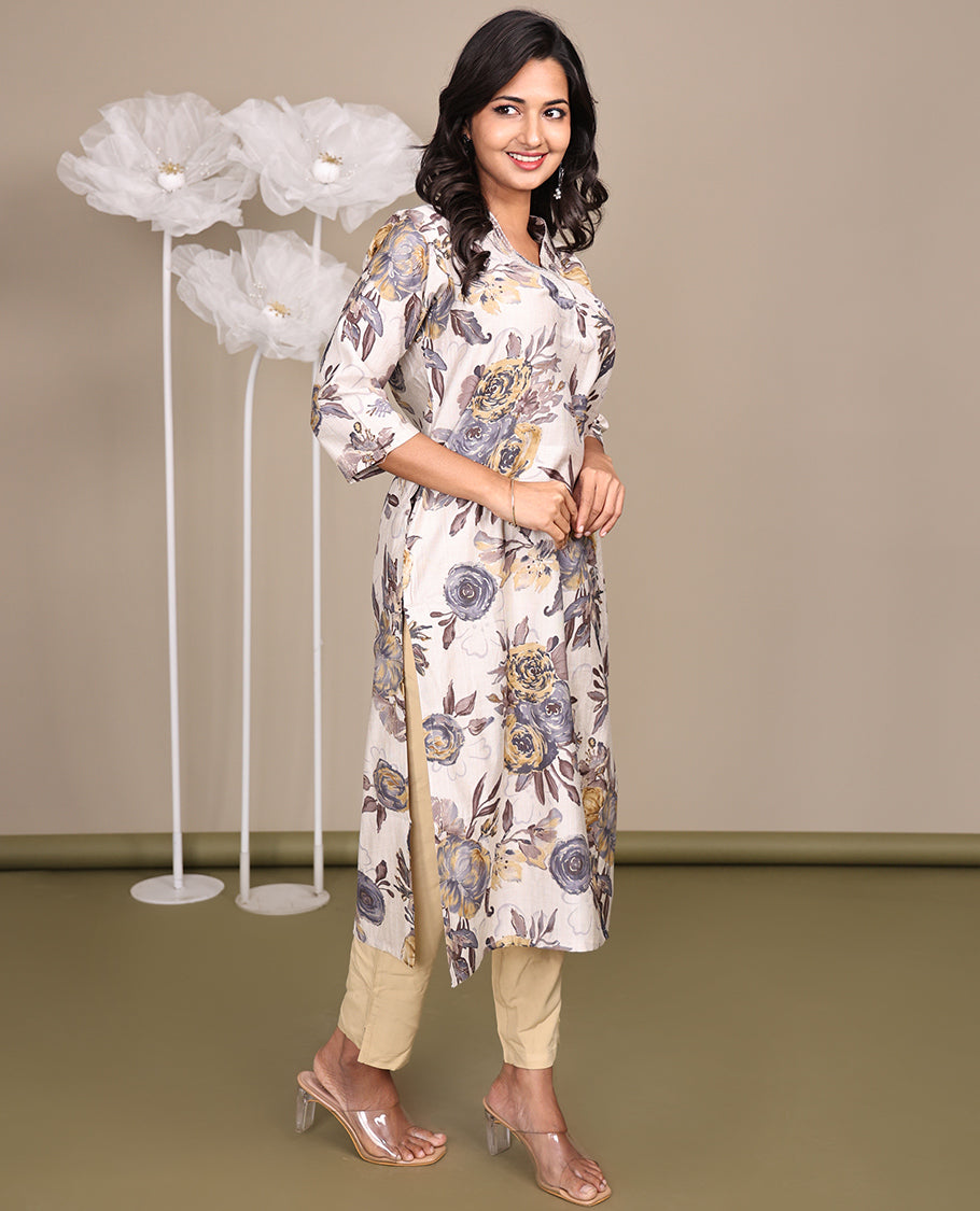 Beige Floral-Printed Below-The-Knee-Length Cotton Kurti Features a V-Neckline, 3/4 Sleeves, and a Straight-Cut Length