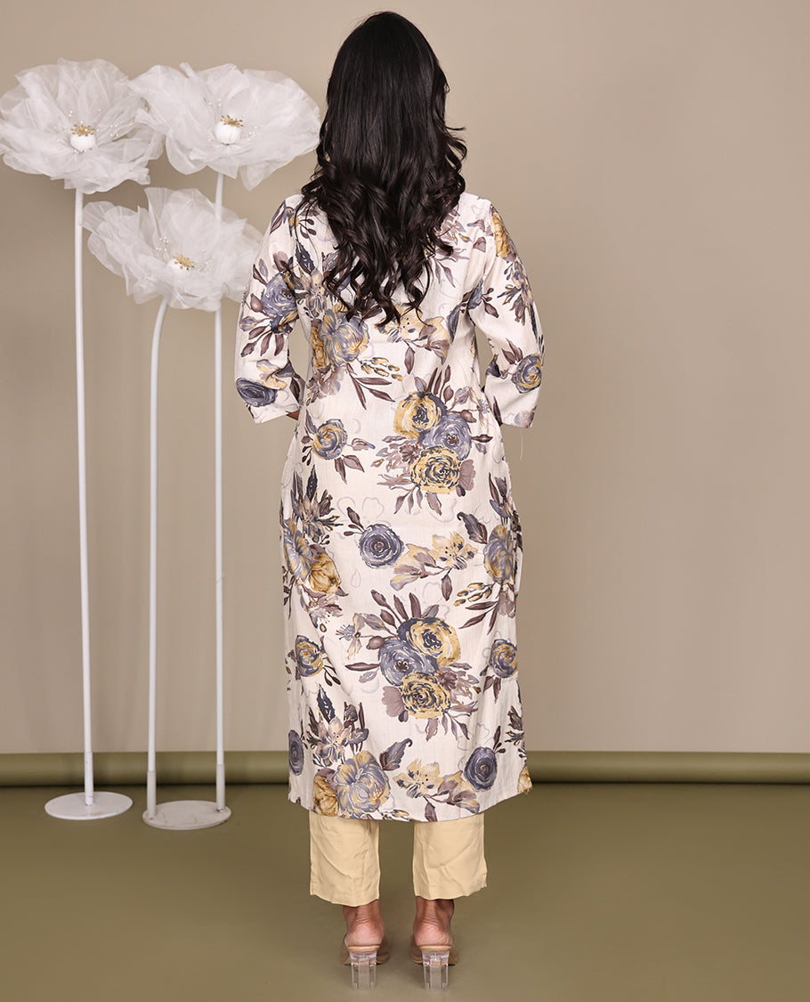 Beige Floral-Printed Below-The-Knee-Length Cotton Kurti Features a V-Neckline, 3/4 Sleeves, and a Straight-Cut Length