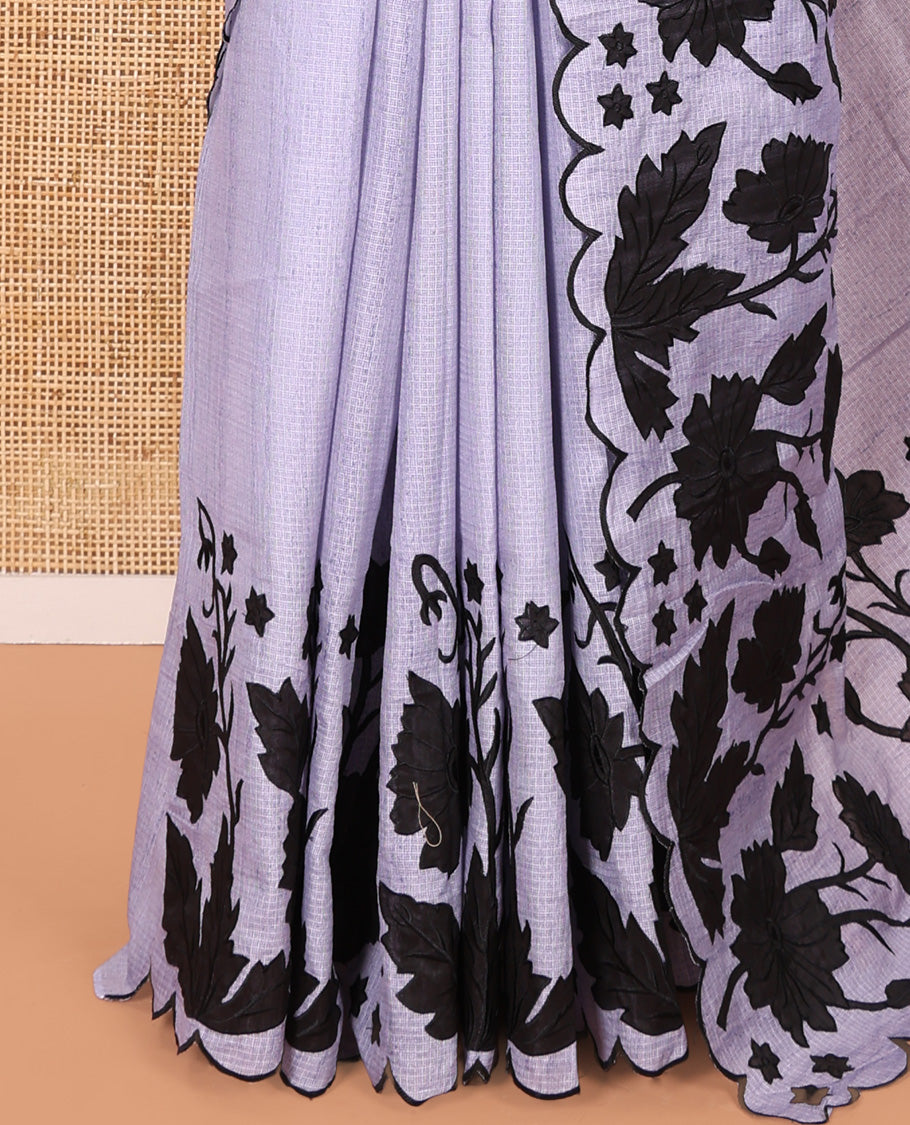 Lavender Plain Fancy Kota Silk Saree Mesmerized with Floral Applique Embroidered Scallop Border, Applique Embroidered Pallu, and a Matching Blouse