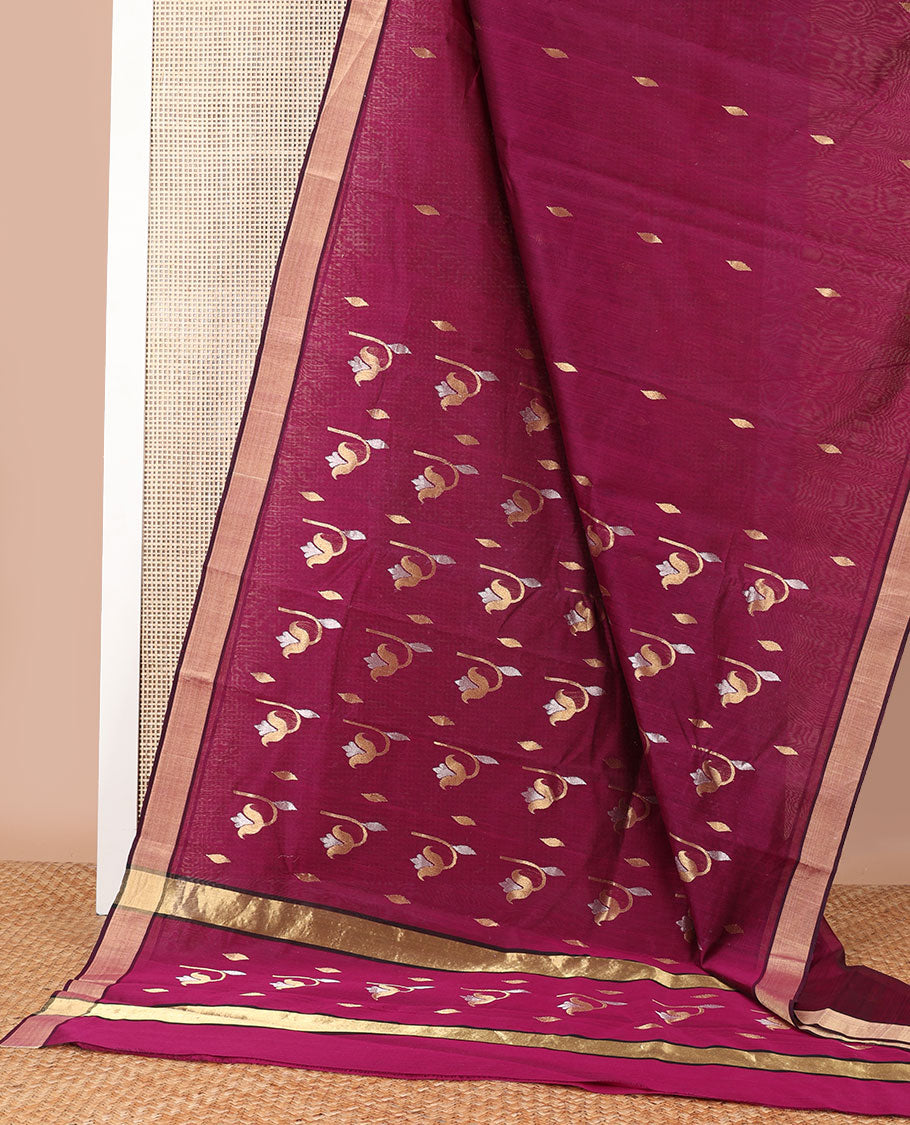 Purple floral design chanderi cotton saree with contrast zari border & striped, floral design pallu