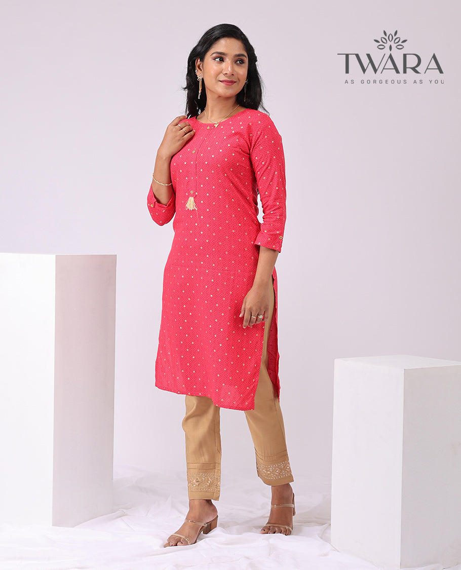 Twara Red round motifs round neck , knee lenght , 3/4 th sleeve kurti
