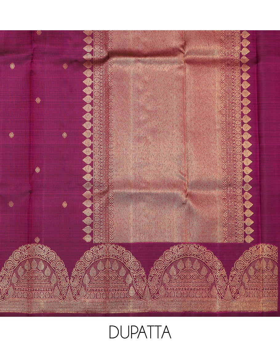 Blue puresilk halfsaree, zari buttas skirt, contrast border, blouse of thilakam mokku,banaras,kamalam, and lavangam designs, and intricate dhavani