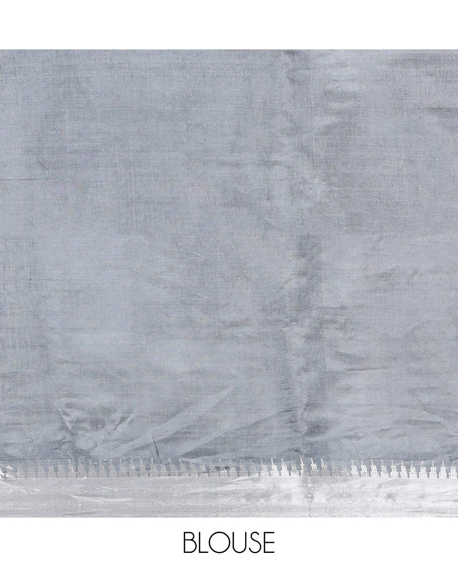 Grey Banana Pith Saree, Subtly Sparkled with Buttas All Over Its Body, Highlighted by Zari Temple Border, Gleaming Pallu Steeped with Stripes, and Paired with a Matching Blouse