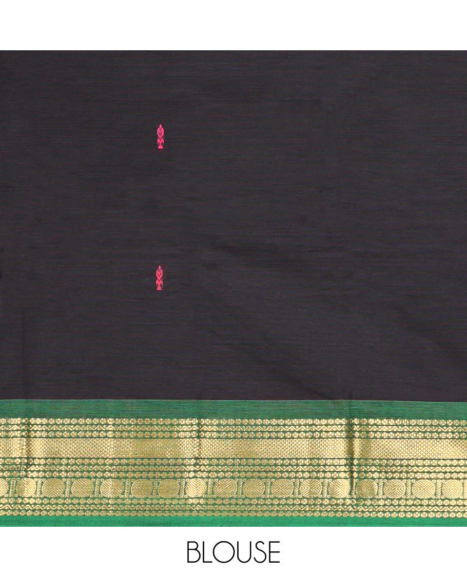 Black Chettinad Cotton Saree, Delicately Woven with Buttas All Over Its Body, Complemented by a Contrast Traditional Zari Design Woven Ganga-Jamuna Border, Pallu of Stripes, and Buttas, and Paired with a Matching Blouse