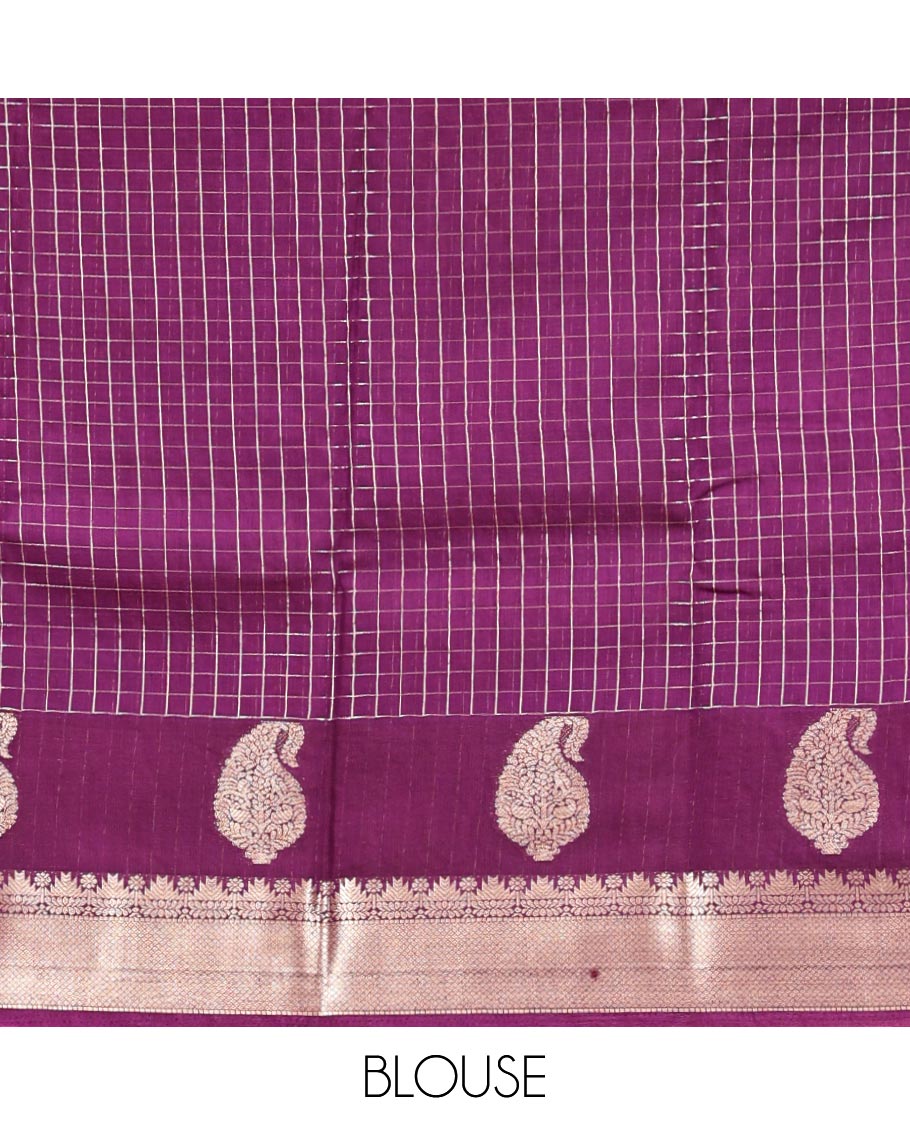 Red Assam Silk Saree, Adorned with Checks, Complemented by a Contrast Traditional Zari Border, Zari-Striped Pallu, and a Contrast Blouse