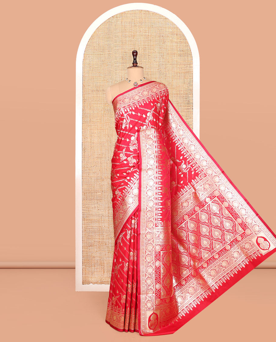 Red Banarasi Nylon Saree, Boldly Accentuated with Jacquard, a Floral Creeper Zari Border, Intricate Pallu, and a Matching Blouse